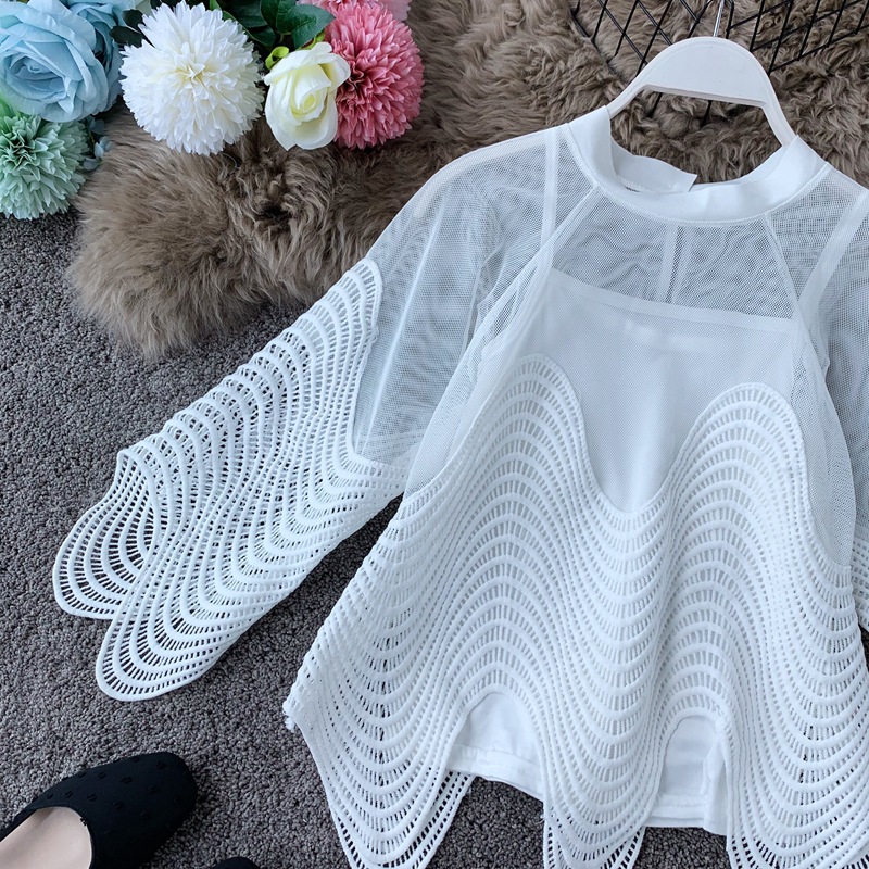 Picture of Cross-border 2022 Korean Style New Season Hollow Lace Shirt Western Style Small Shirt Women's Wave Loose Horn Sleeve Short Top
