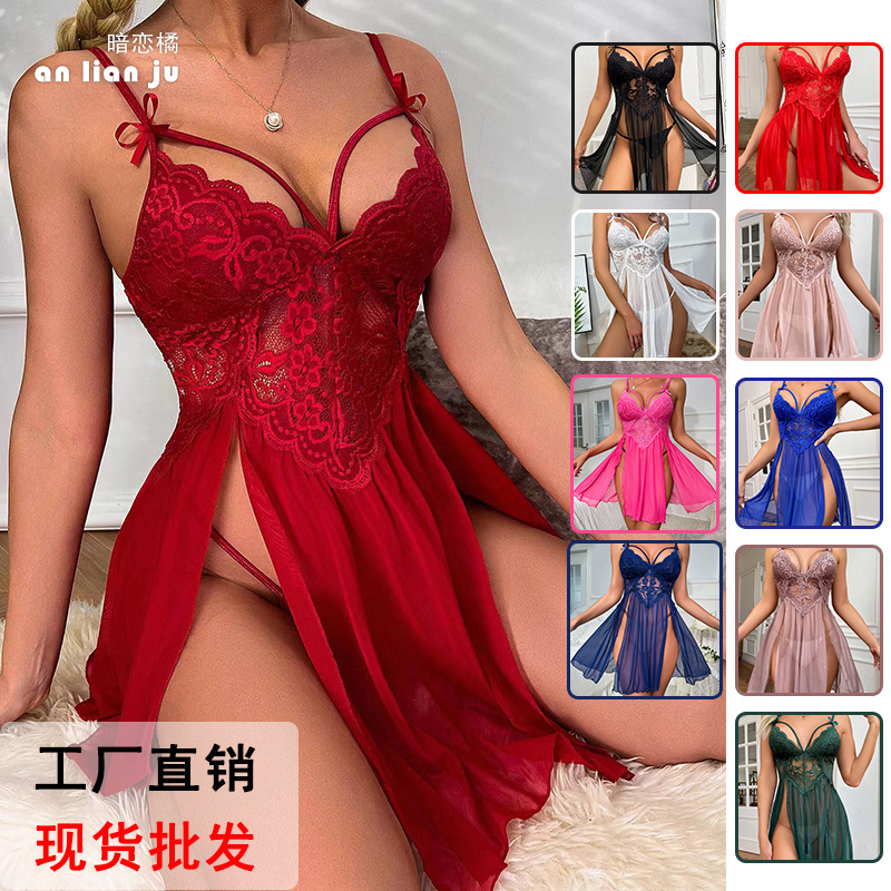 Cross-border Foreign Trade Sexy Underwear Sexy Mesh Perspective Pajamas Lace Embroidered Sling Nightdress Women's Home Clothes 311