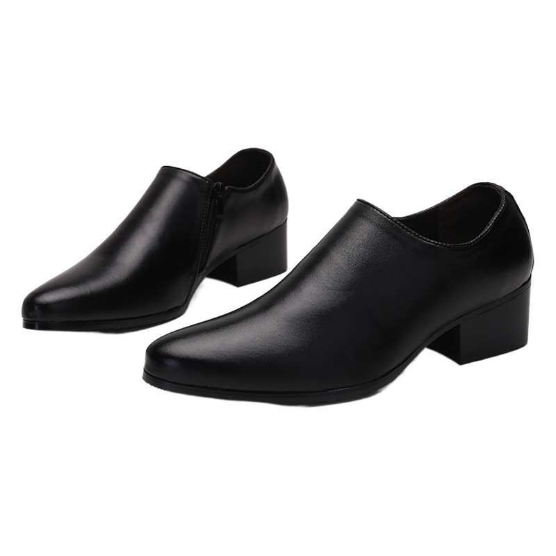 Spring men's leather shoes zipper pointed leather shoes men's high heel 8CM cowhide breathable Korean men's height shoes 6cm wedding shoes