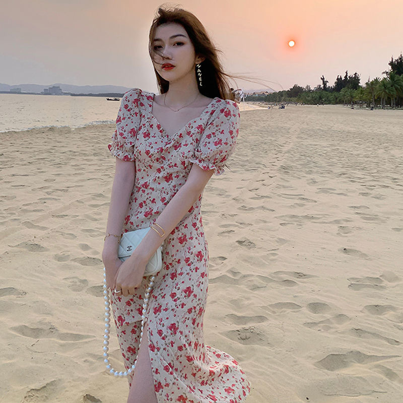 French Elegant Mid-length dress Summer New Gentle Style Split Waist Slimming Floral Chiffon dress
