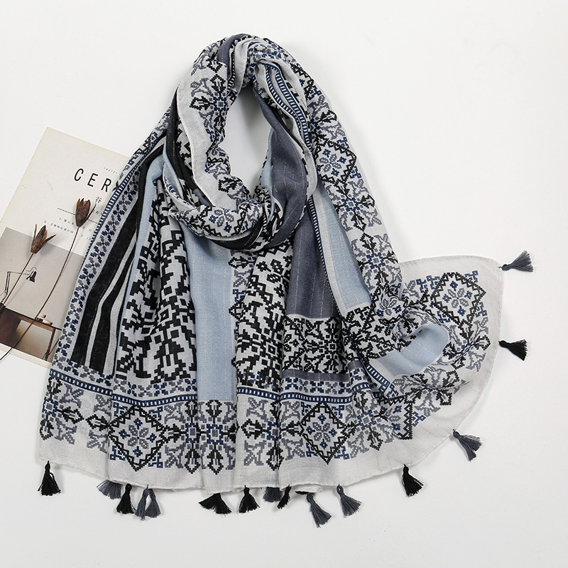 Picture of New Artistic Fresh Cotton and Linen Retro Tassel Scarf Women's Printed Beautiful Silk Scarf Japanese Sunscreen Shawl