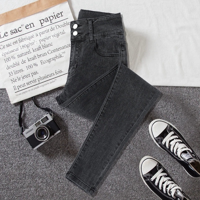 Picture of Stretch Jeans Women's High Waist Double Buckle Tight Pants New Spring Autumn and Winter Korean Style Slim-fit All-match Pencil Pants