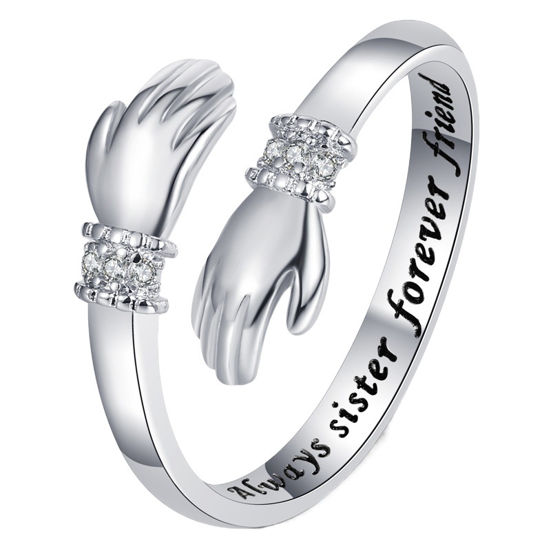 Picture of Europe and the United States creative love hug hands diamond ring women's lettering opening adjustable ring warm heart gift