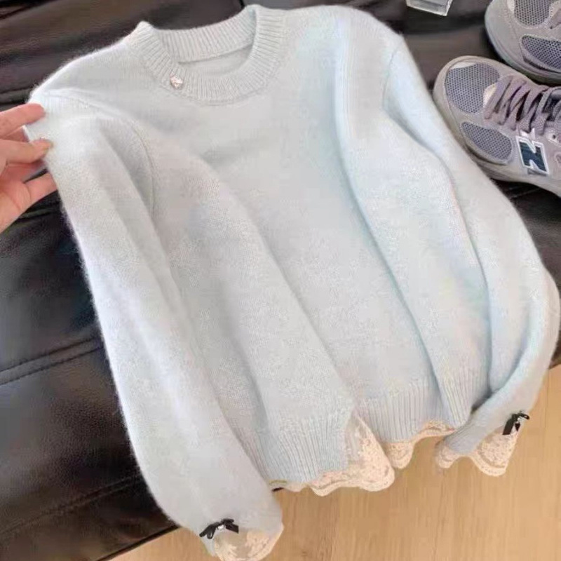 Hanli Hanqi is super good-looking, milky and sweet, high-end knitted sweater girl's autumn and winter soft glutinous lace edge top thick