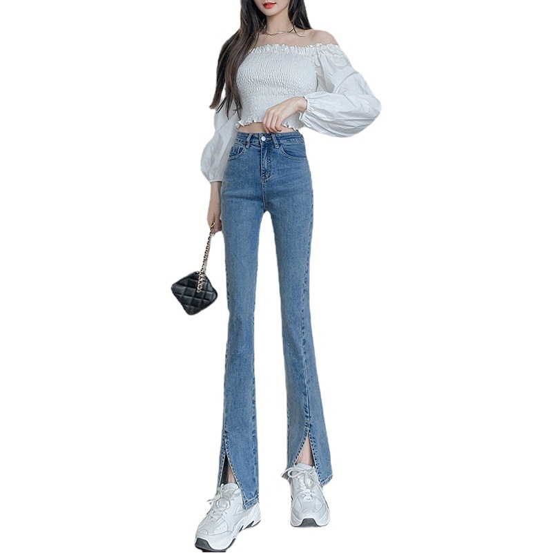 Internet Popular Thin Trouser Leg Split Floor Jeans Women's Summer New Retro Stretch Slim-Fit Slimming Micro-flared Trousers