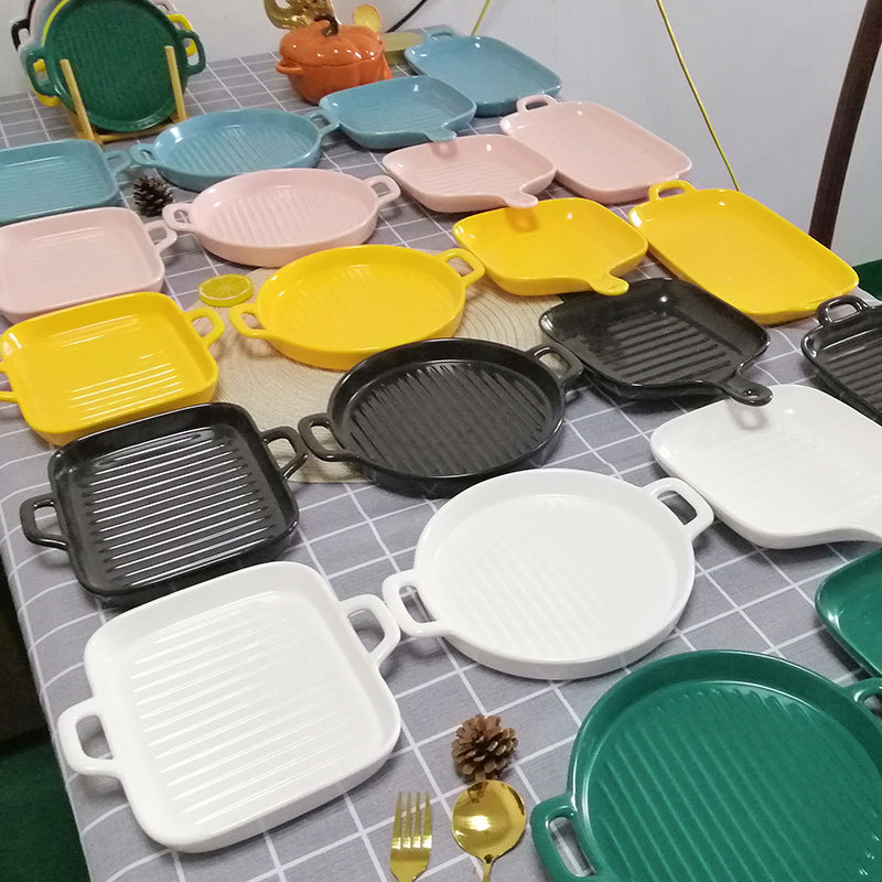 Cross-border Nordic Ceramic Baked Plate Creative Oven Baked Rice Baked Plate with Handle Household Dish Plate Dinner Plate