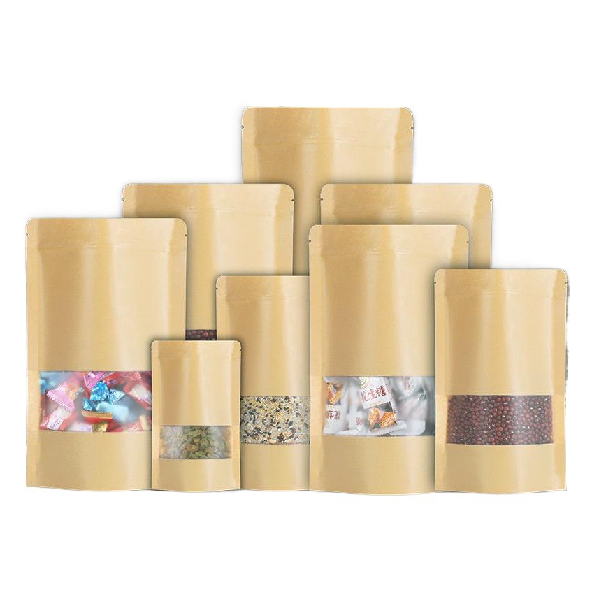 Open window transparent Kraft paper bag self-sealing bag nut food packaging bag self-standing tea sealed bag in stock wholesale
