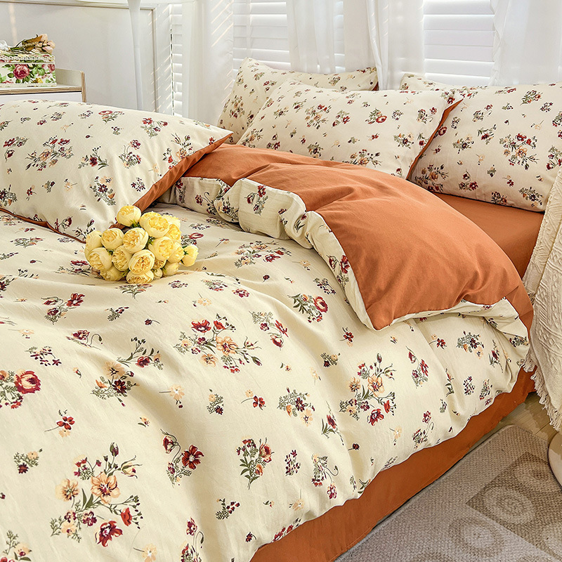 Picture of Class A Washed Double Yarn Cotton and Linen Four-piece Bed Sheet Cover Cover Three-piece Machine Washable Single and Double Bed Top Supplies
