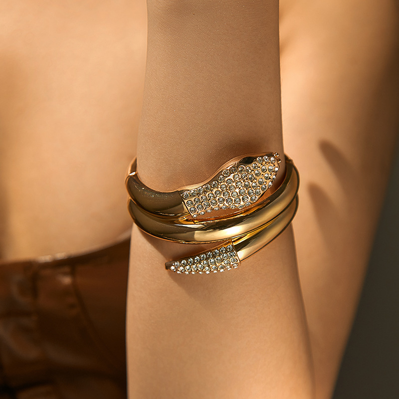 Picture of European and American animal elements spirit snake design personality hip hop bracelet with rhinestone multi-layer trendy metal texture bracelet