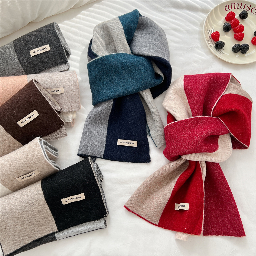 Four Color Matching Scarf Women's Autumn and Winter New Korean Style All-match Knitted Fashion All-match Couple Scarf Warm Scarf