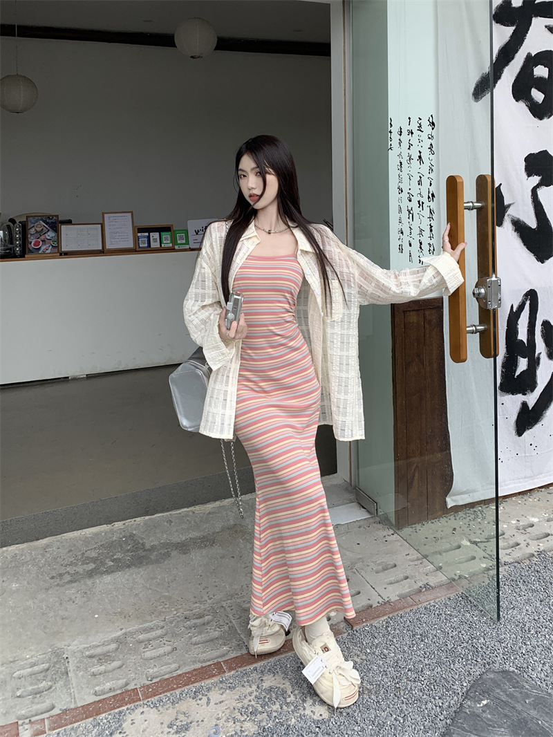 Picture of Dopamine Rainbow Stripe Knitted Sling dress Women's Summer Dali Seaside Vacation Postmom's Hip Vest Long Skirt