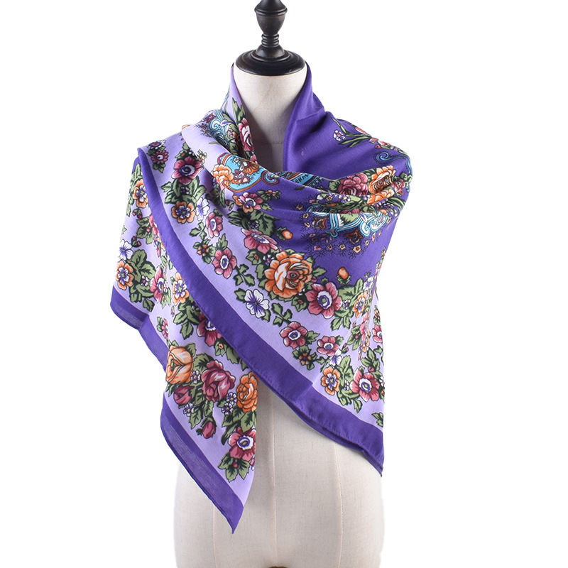 New Simple and Fashionable Plant Flower Herringbone Cotton Large Square Scarf Women's Decorative 110*110 Shawl Wholesale