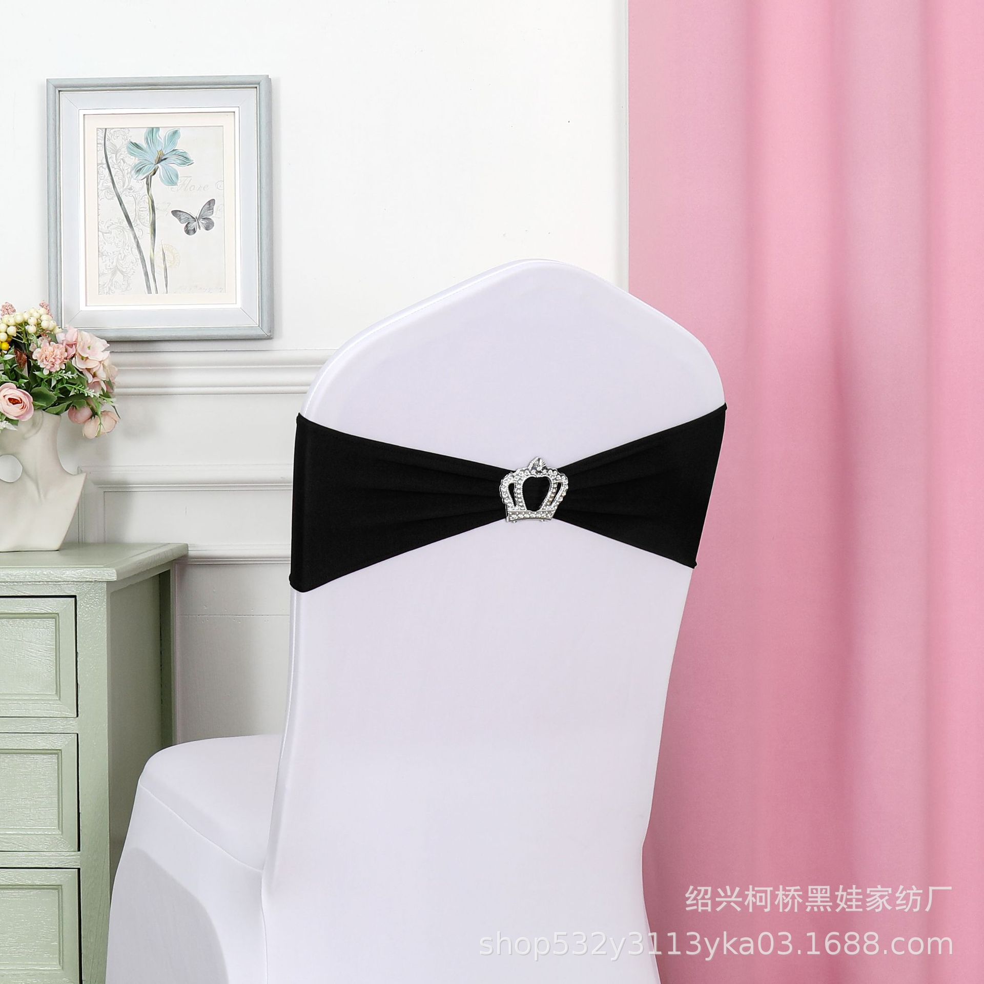 Picture of Chair Back Flower Bow Crown Diamond Buckle Elastic Banquet Chair Set Decoration Free Wedding Strap Ribbon Wedding Ribbon