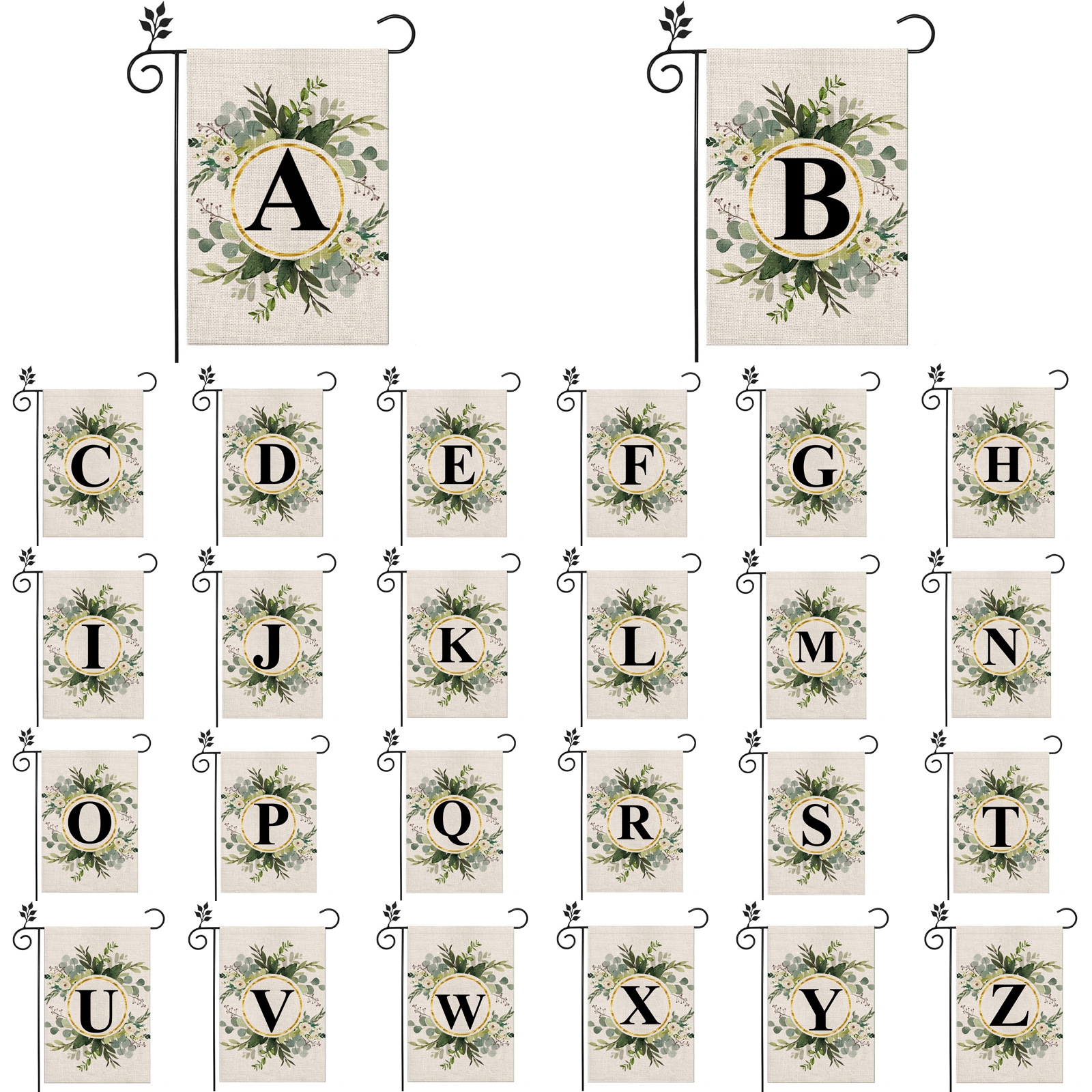 Picture of Simple ins style 26 letters + green plant printed linen garden flag surname initials courtyard door flag