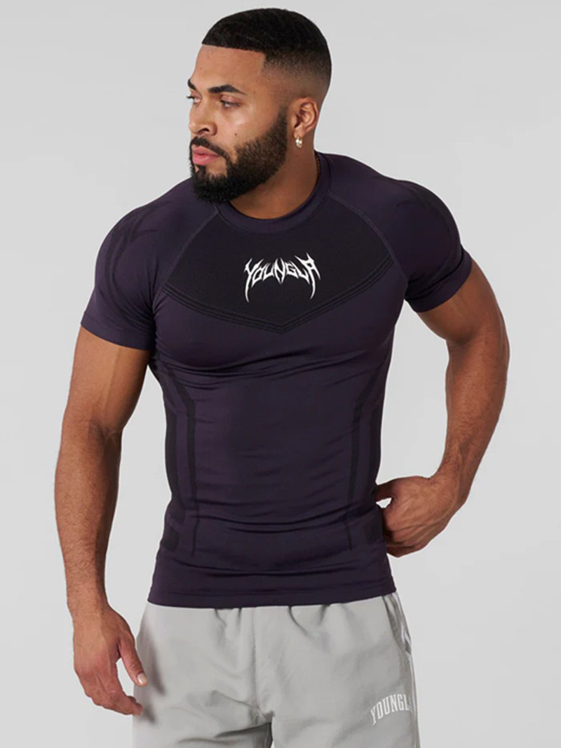 YOUNGLA American Summer Men's High Elastic Tight T-Shirt Jogger Sports Fitness Running Training Quick Dry Short Sleeve