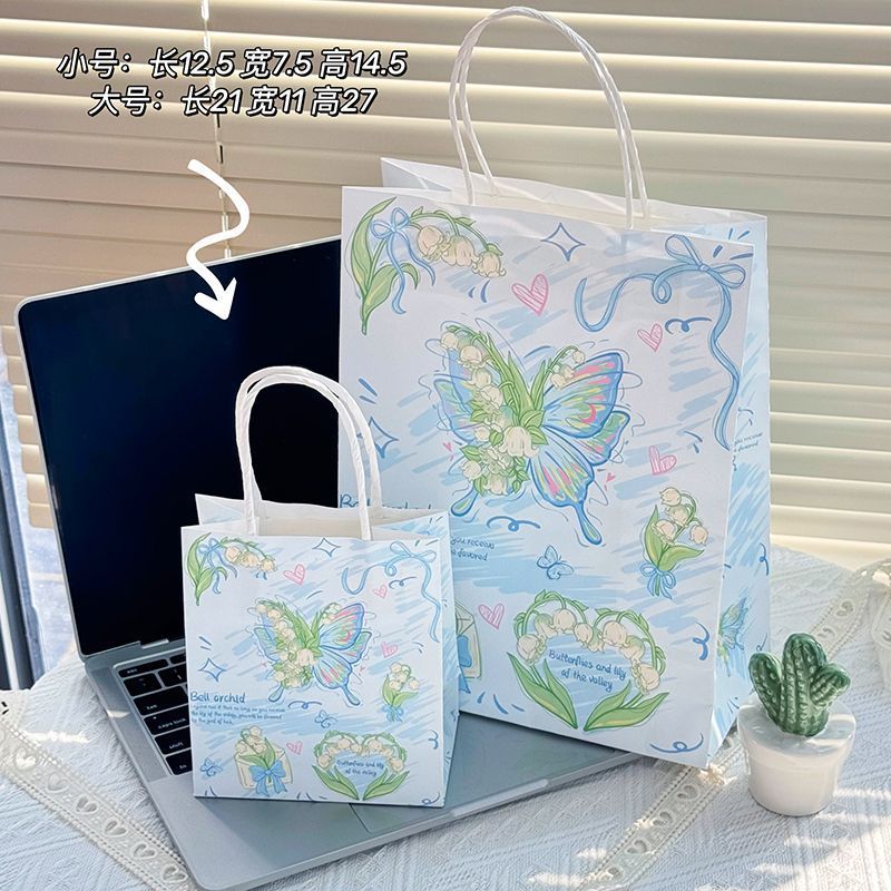 Ins Light Luxury Buckleflower Butterfly Tote Bag Thickened Gift Bag High Color Value Kraft Paper Bag Milk Tea Bag Shopping