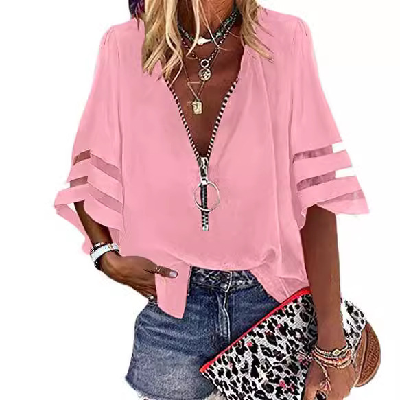 Picture of 2025 European and American Amazon New V-neck Zipper Shirt Half Horn Sleeve Mesh Stitching Loose Casual Shirt Women