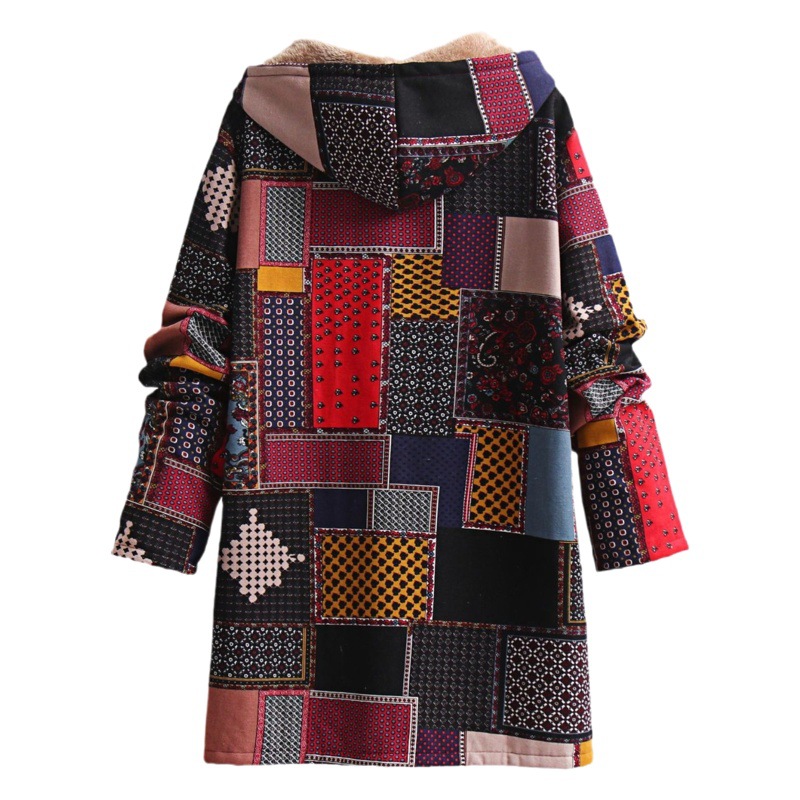 2023 Autumn and Winter New Ethnic Style Jacket European and American Fashion Cotton and Linen Hooded Cotton Jacket Plus Velvet Loose Jacket Women Wholesale