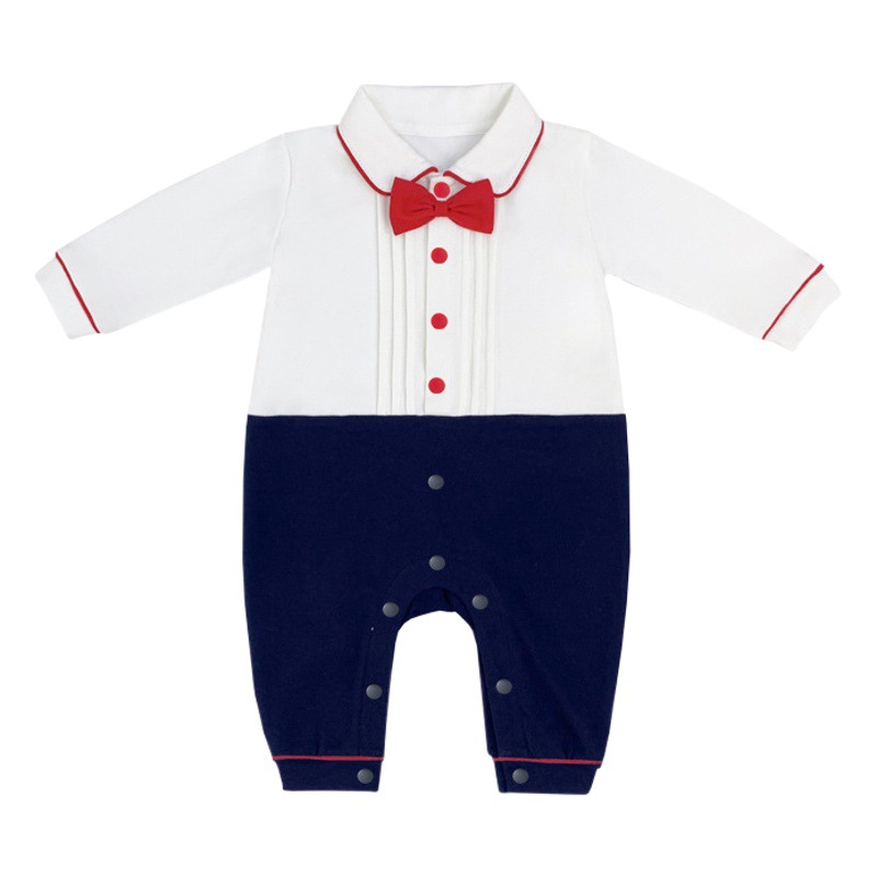 Red Bow Ties Four Seasons Long Sleeve Gentleman Style Autumn Baby Jumpsuit Class A Pure Cotton Newborn Clothes