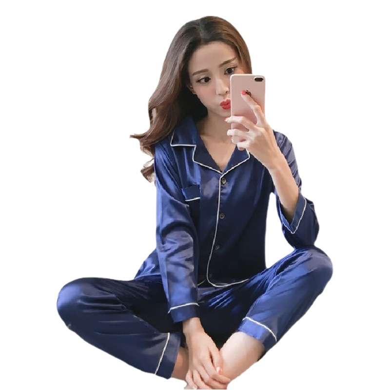 Pajamas Women's Spring and Autumn Long-sleeved Trousers Short-sleeved Trousers Short-sleeved Shorts Lapel Simulation Silk Pajamas Set Women