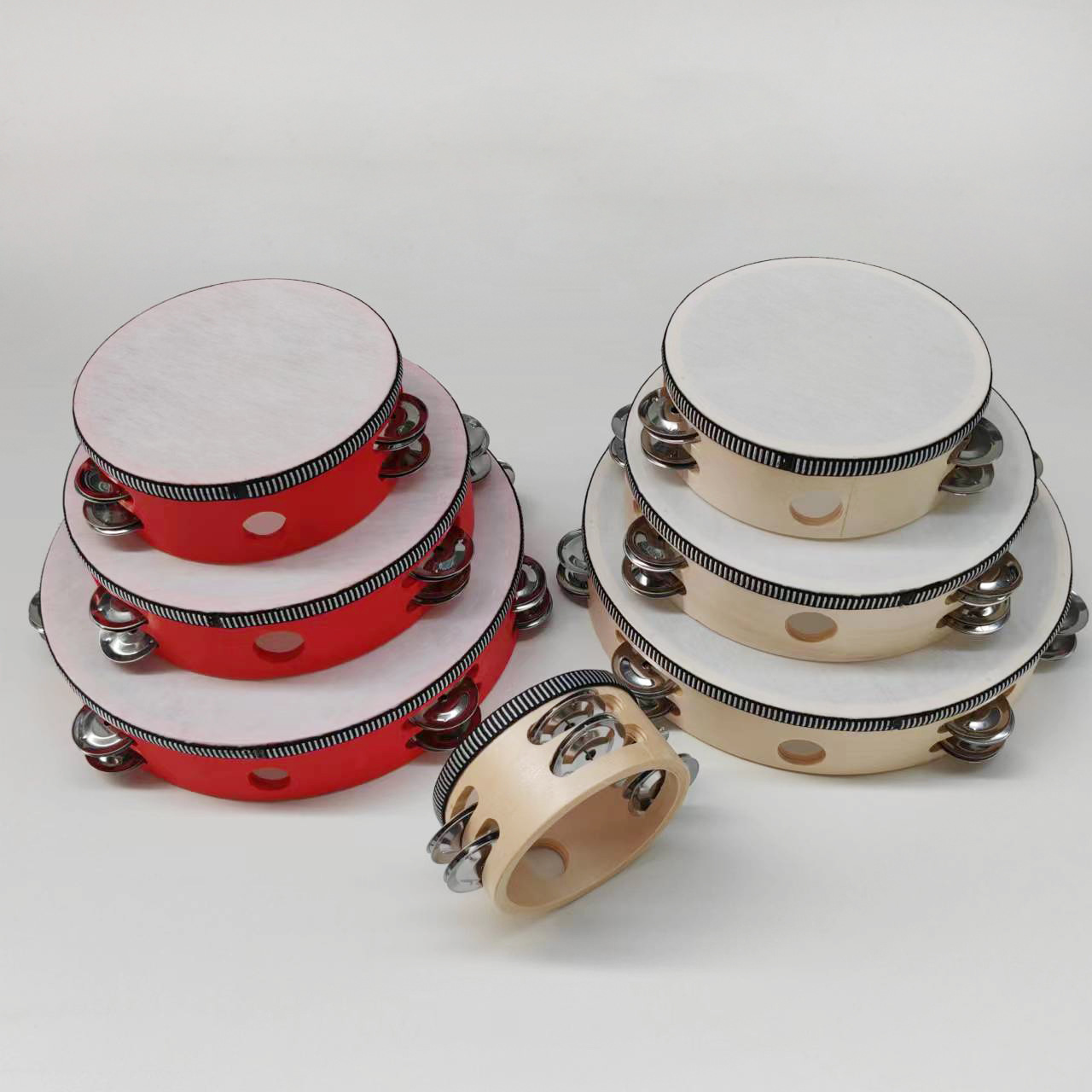 Picture of Wooden Double Row Tambourine Kidsren's Tambourine Percussion Instrument Imitation Goatskin Hand Drum Rattle Orff Musical Instrument Teaching Aids