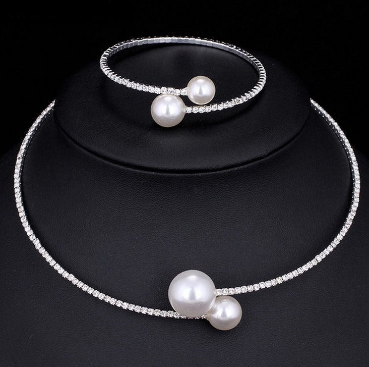 Bridal Wedding Accessories Pearl Diamond Crystal Diamond Adjustable Collar Necklace Bracelet Two-piece suit