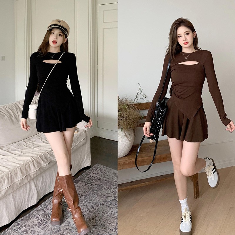 High Waist Hot Girl Half-length Skirt Women's 2023 Autumn New Wear Sexy Top Skirt Black Two-piece Set