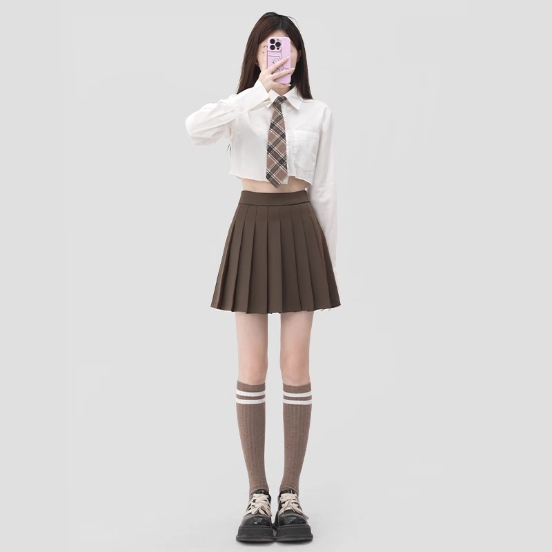 khaki pleated skirt women's spring and summer college style jk temperament short skirt high waist suit A- line skirt
