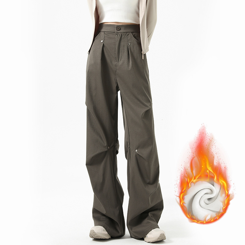 Autumn and winter fleece-lined overalls women's 2024 new warm pants high waist loose casual pants small wide leg straight pants