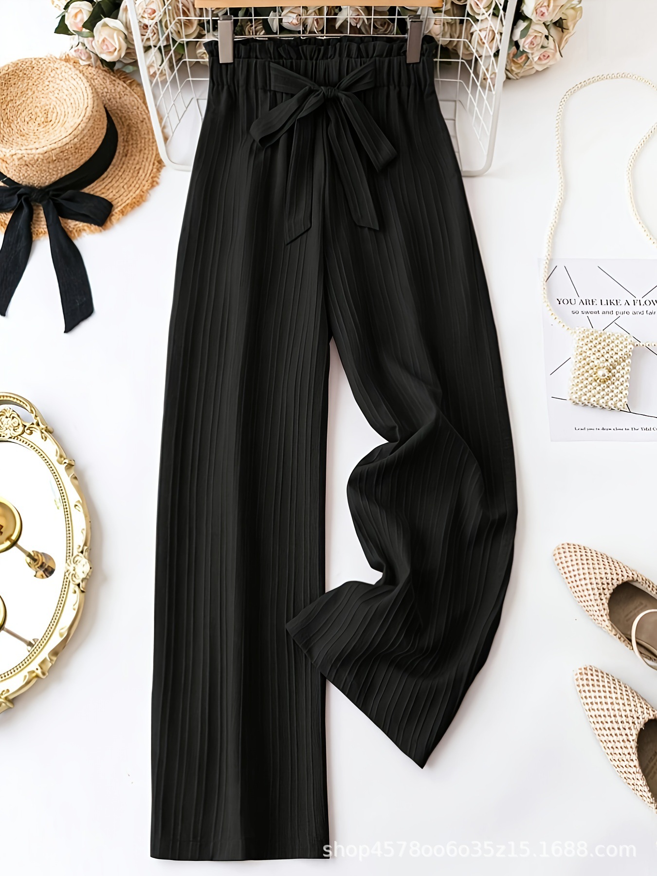 European and American AliExpress Amazon Cross-border Trade plus size Women's Bow Lace-up Casual Pants Solid Color Wide-leg Pants