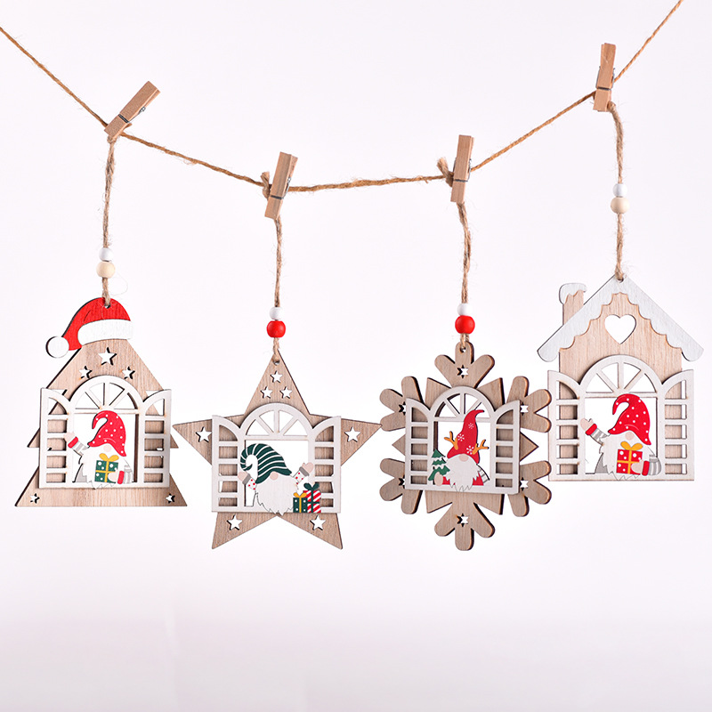 Christmas tree decoration window old man Rudolph snow house pendant creative wooden crafts Christmas ornaments