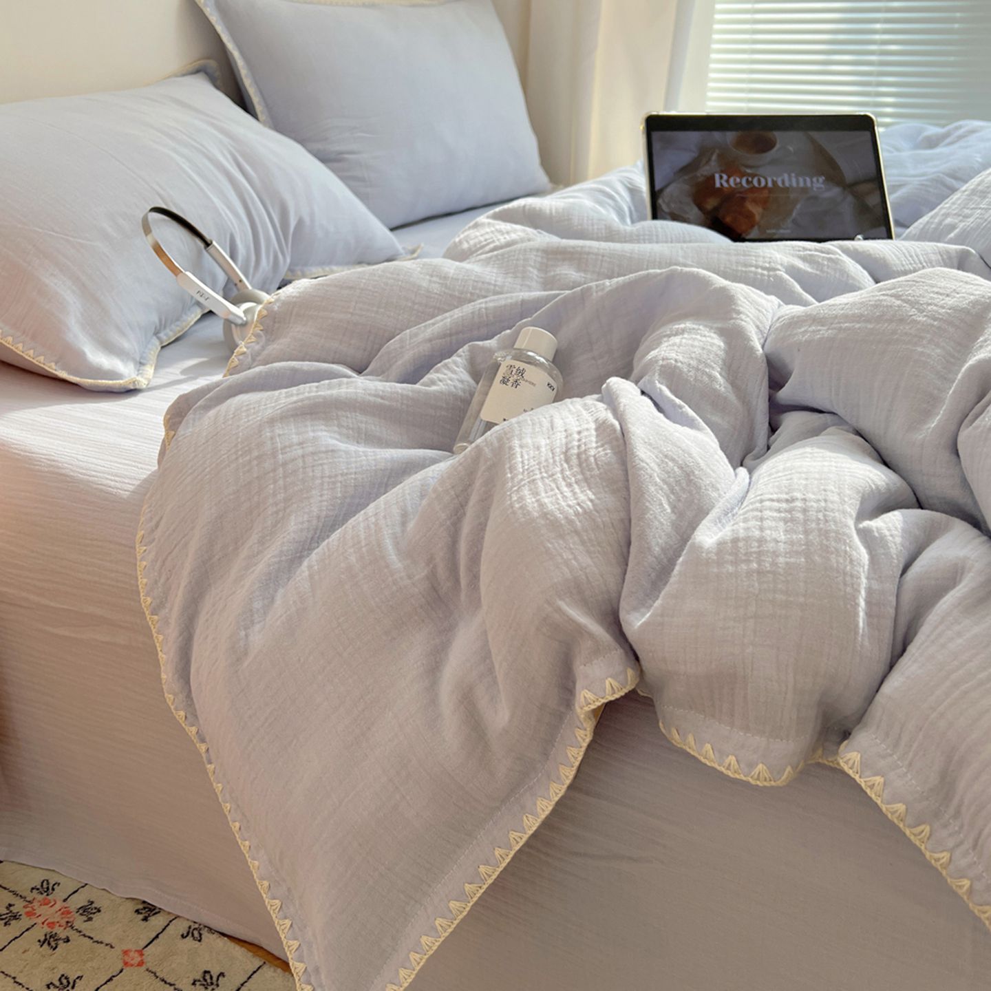 Ins Style Cotton Double-Layer Wrinkled Gauze Bed Four-Piece Set Category a Mother and Baby Pure Cotton Quilt Cover Bed Sheets Dormitory Three-Piece Set