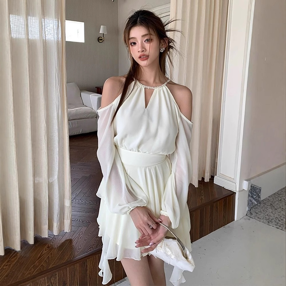 Chic and High-End Fairy Slim Off-Shoulder Long-Sleeved Dress, Royal Sister, Light Luxury, Ladylike Temperament, Gentle Skirt