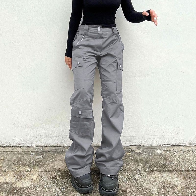 Grey Multi-Pocket Split Design Jeans Women's 2023 New European and American Style Personality Fried Street Pants Hot Girl Tide