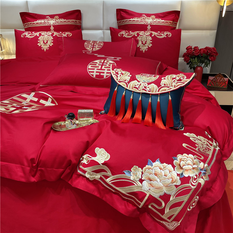 Picture of Advanced Sense Simple Red Wedding Four-piece Set Cotton Embroidered Wedding Quilt Cover Cotton Wedding Bedding for Wedding Room