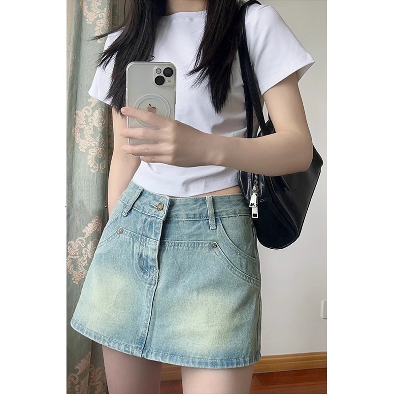 High Waist Denim Culottes Women's Summer plus size chubby girl Belly-Covering Slimming Pear-Shaped Figure A- Line Small Skirt