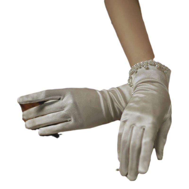 Korean Satin Fabric Wedding Dress Pearl Gloves White Bag Five-Finger Short Dress Performance Daily Photo Gloves Wholesale