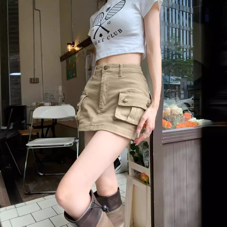 Slim Female Sexy Denim Workwear Skirt Short Skirt A-Line Skirt High Waist Retro Anti-Exposure Summer Khaki