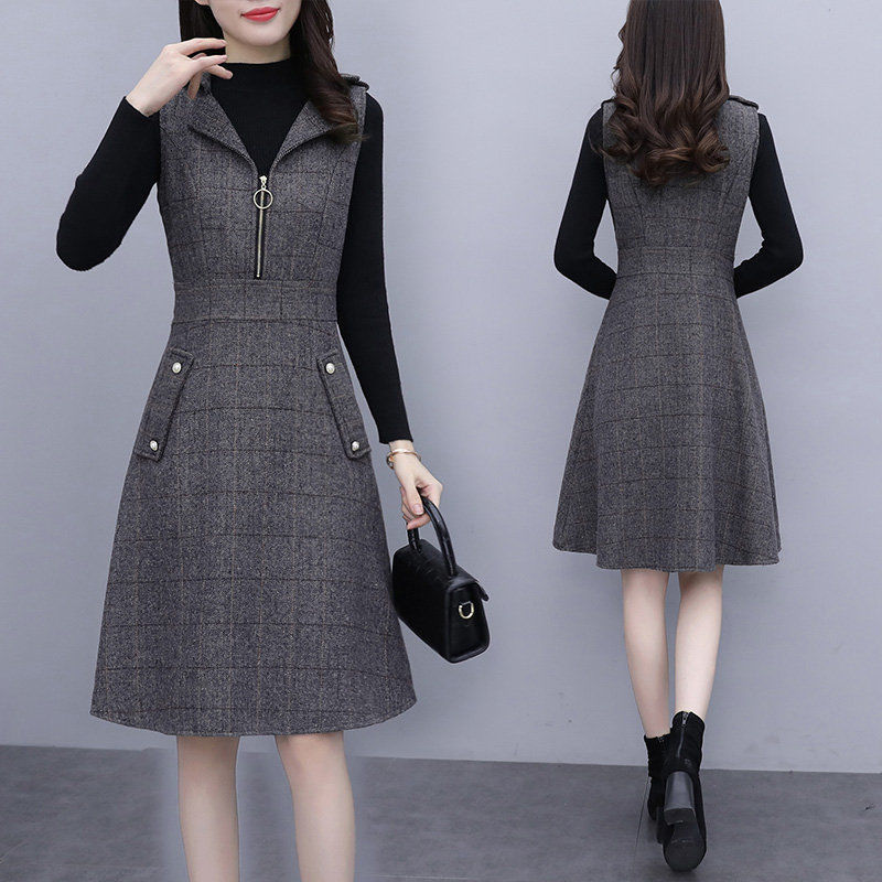 Picture of Single Piece/suit Vest Dress Women's Autumn and Winter Wool Plaid Sleeveless dress Outer Wear Slimming Mid-length A- line Dress