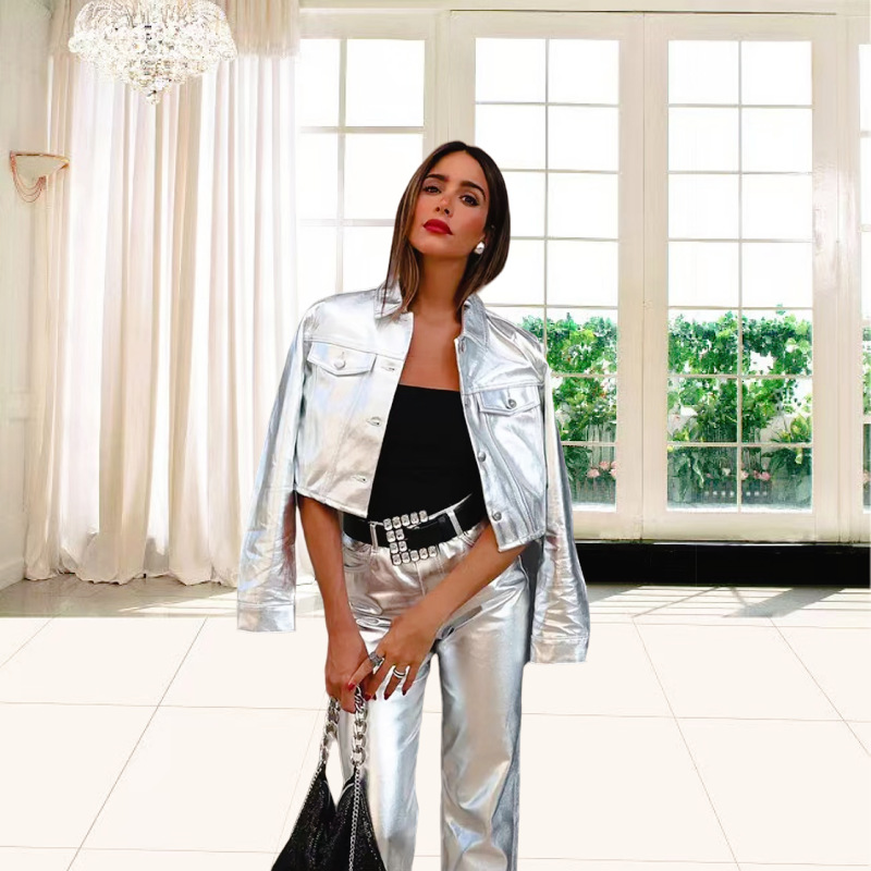 2023 Amazon popular cross-border AliExpress Denim hot silver suit jacket jacket high waist straight jeans