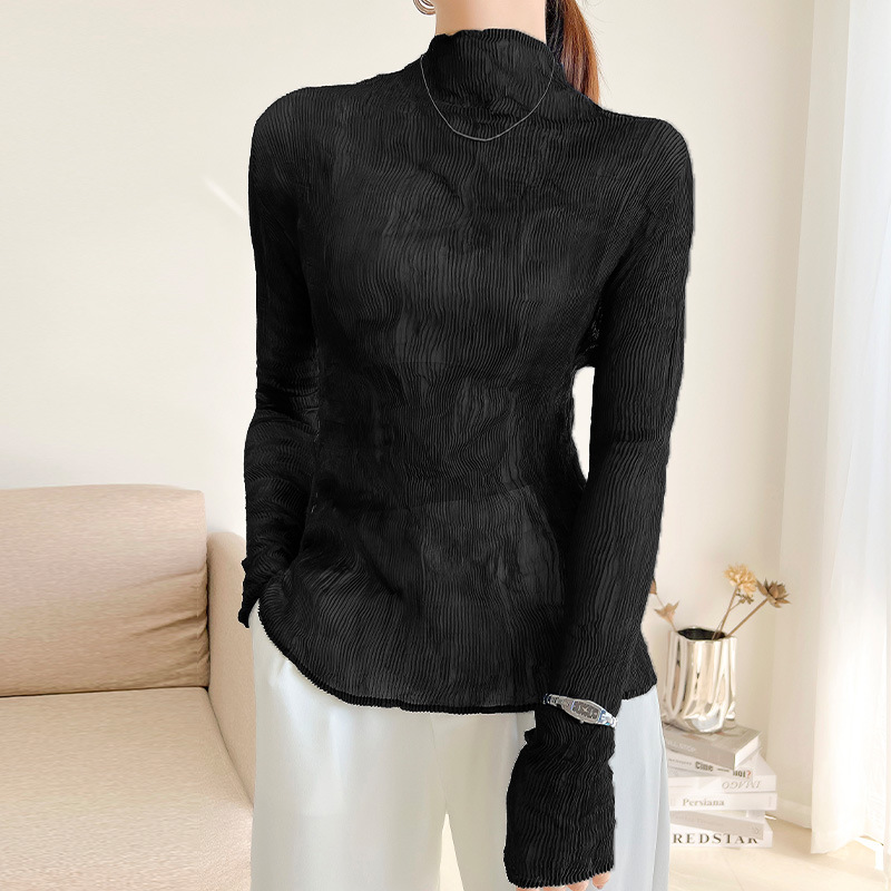 Picture of Miyake Ultra-thin Perspective Top Base Shirt Women's Spring and Summer Long-sleeved Sunscreen Western Style All-match Pleated Top Inner Shirt