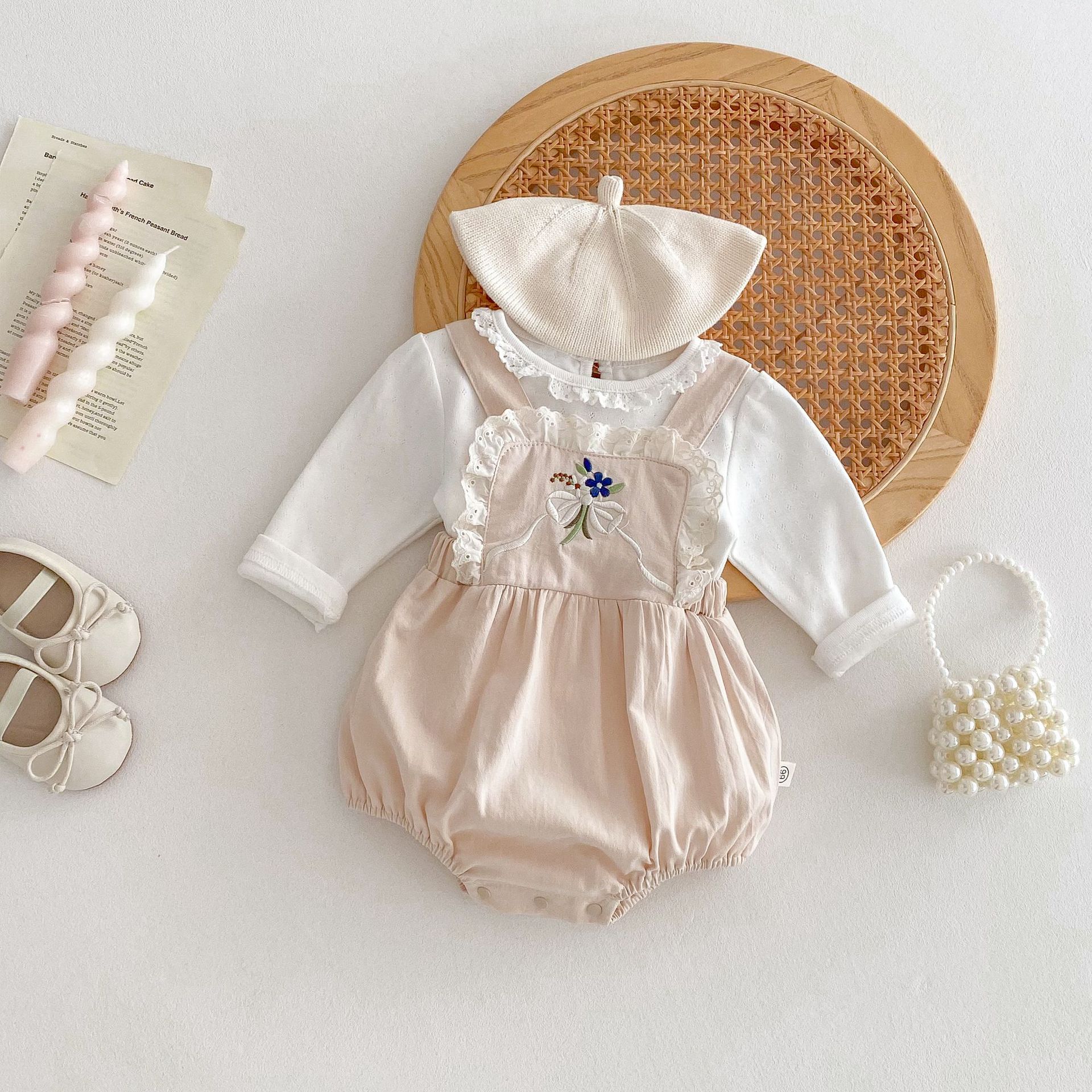 Ins Baby Sweet Strap suit Spring and Autumn Baby Girl's Ruffled Long Sleeve Shirt Lace Embroidered Climbing Suit