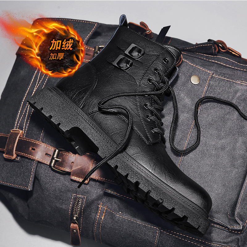 Boots Men's Winter Popular Velvet Warm Genuine Leather Boots Men's High-Top Thick Sole Increased Large Size Handsome Motorcycle Boots