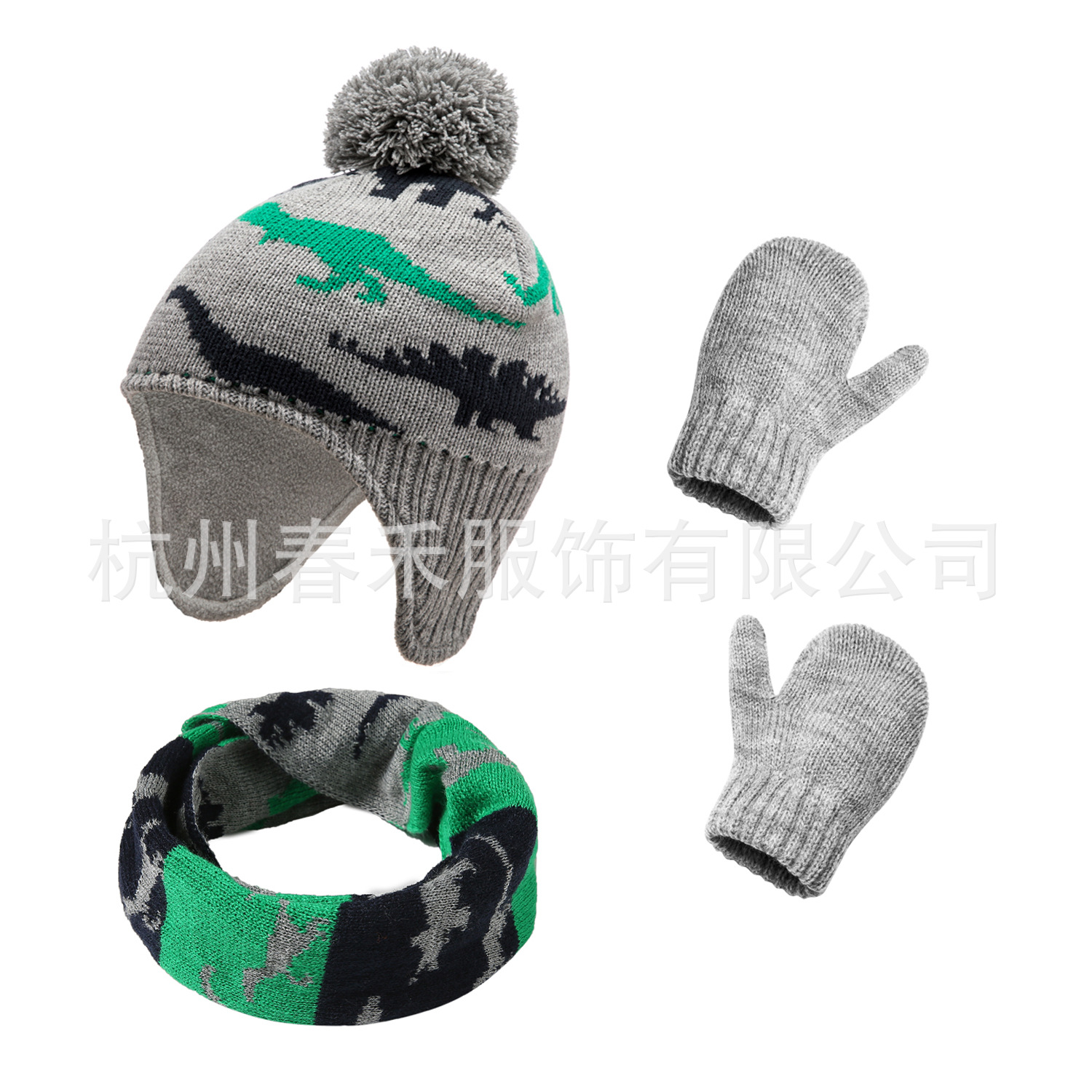 Picture of Spot 6 Color Explosions Autumn and Winter Cartoon Cute Dinosaur Hat Bag Set Young Children's Knitted Hat Gloves Scarf 3-piece Set
