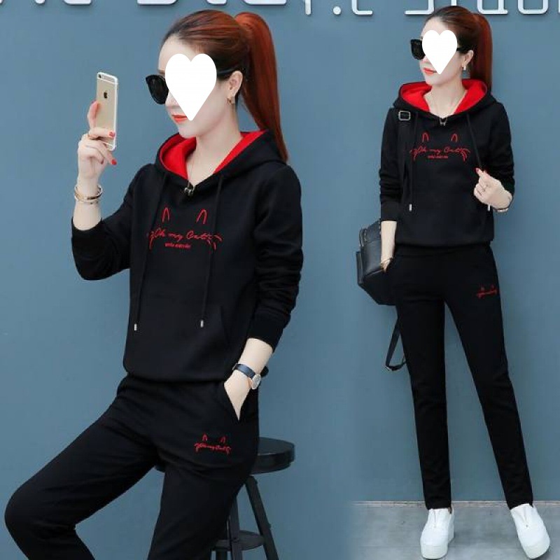 920# embroidered hooded Autumn 2023 new leisure sports suit women's Korean-style loose long-sleeved student two-piece suit