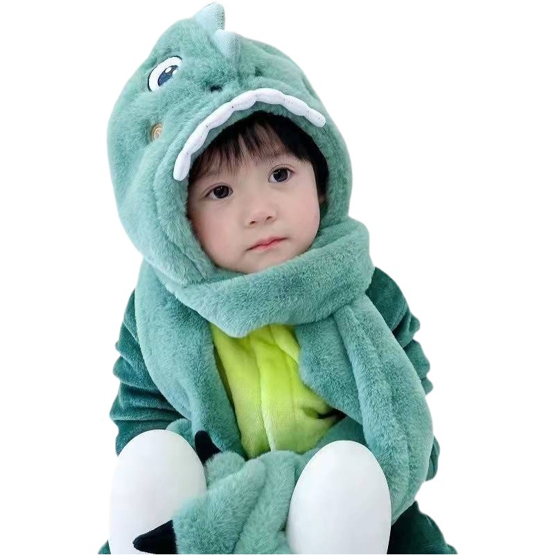 Picture of Children's winter hat scarf all-in-one Boys and Girls baby cute dinosaur warm plush padded gloves three-piece set