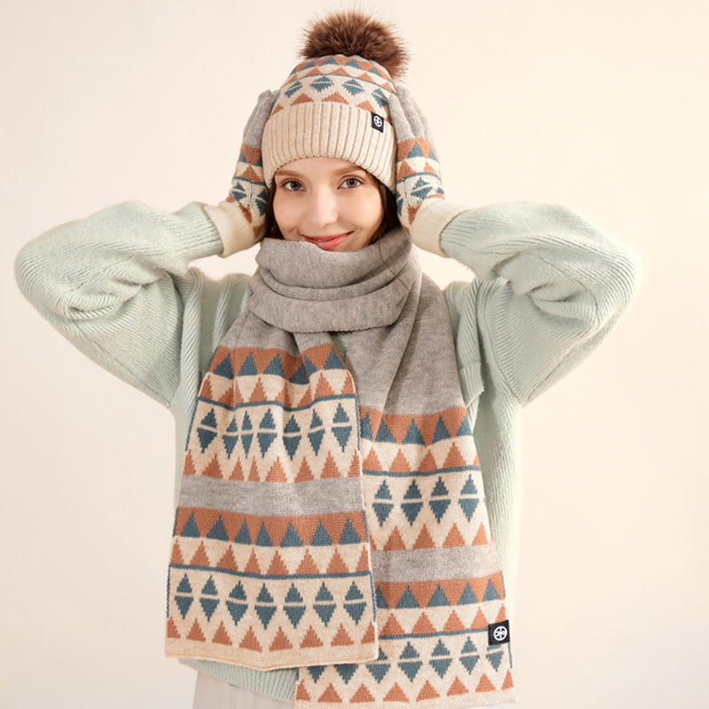 Picture of Winter New Product Japanese Style Knitted Gloves, Scarf and Hat Three-Piece Set Wool Warm and Cold-Proof Fur Ball Scarf Three-Piece Set
