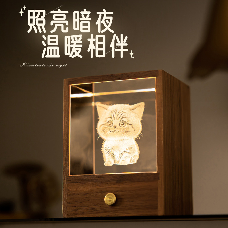 Cross-border creative gift wooden box luminous crystal ball lettering kitten night light ornaments for men and women birthday gift Z1
