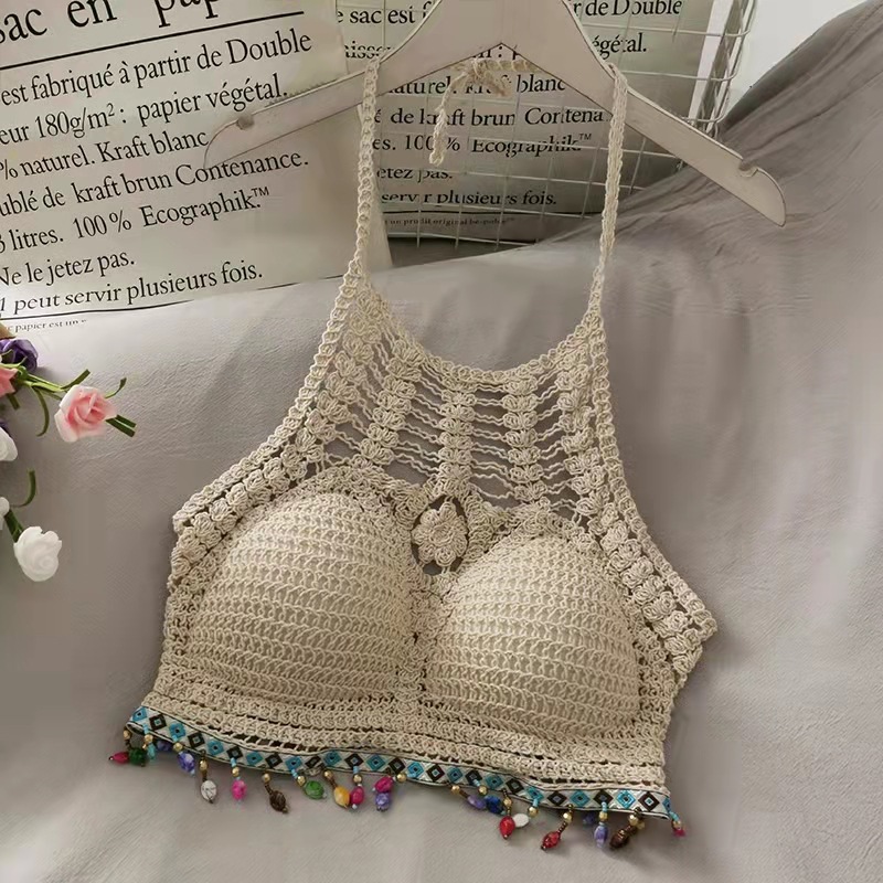 Hollow-out halter sling top for women Summer new design sense niche outer wear with chest pad hot girl tassel beauty back vest
