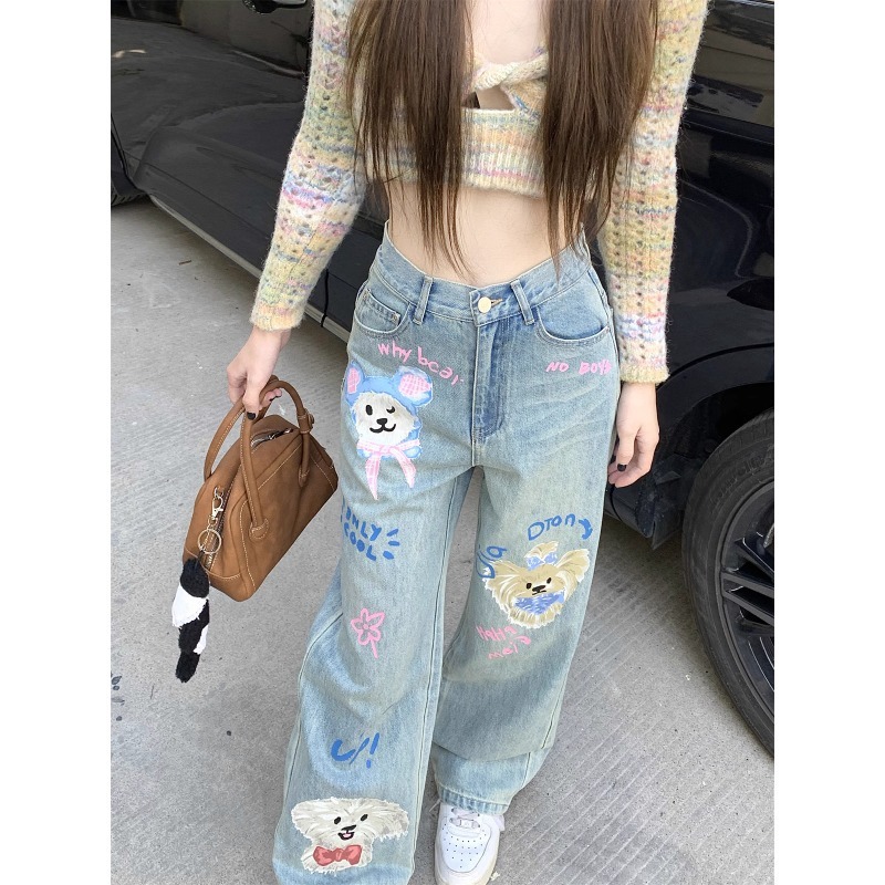Design Sense Summer Denim Wide Leg Pants Cartoon Printed Jeans Women's High Waist Loose Straight Leg Wide Leg Pants